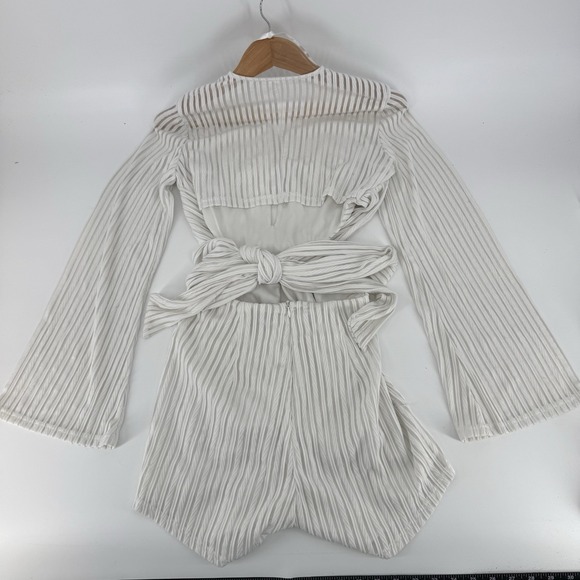 Sabo White Romper Sheer Small Playsuit Tie Waist Pleated Party Nightlife - Picture 3 of 4